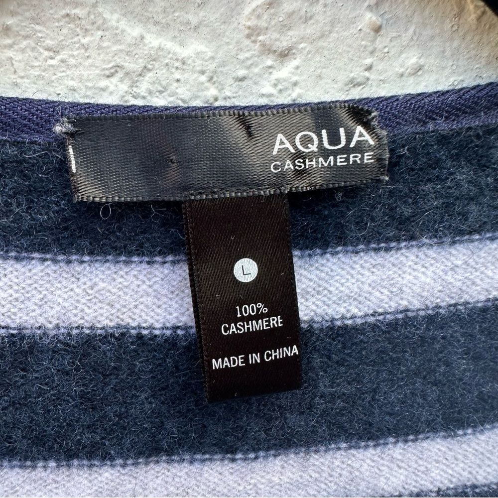 AQUA CASHMERE Sweater Women Large Henley Lace Up Stripe Nautical‎ Navy - Picture 5 of 5